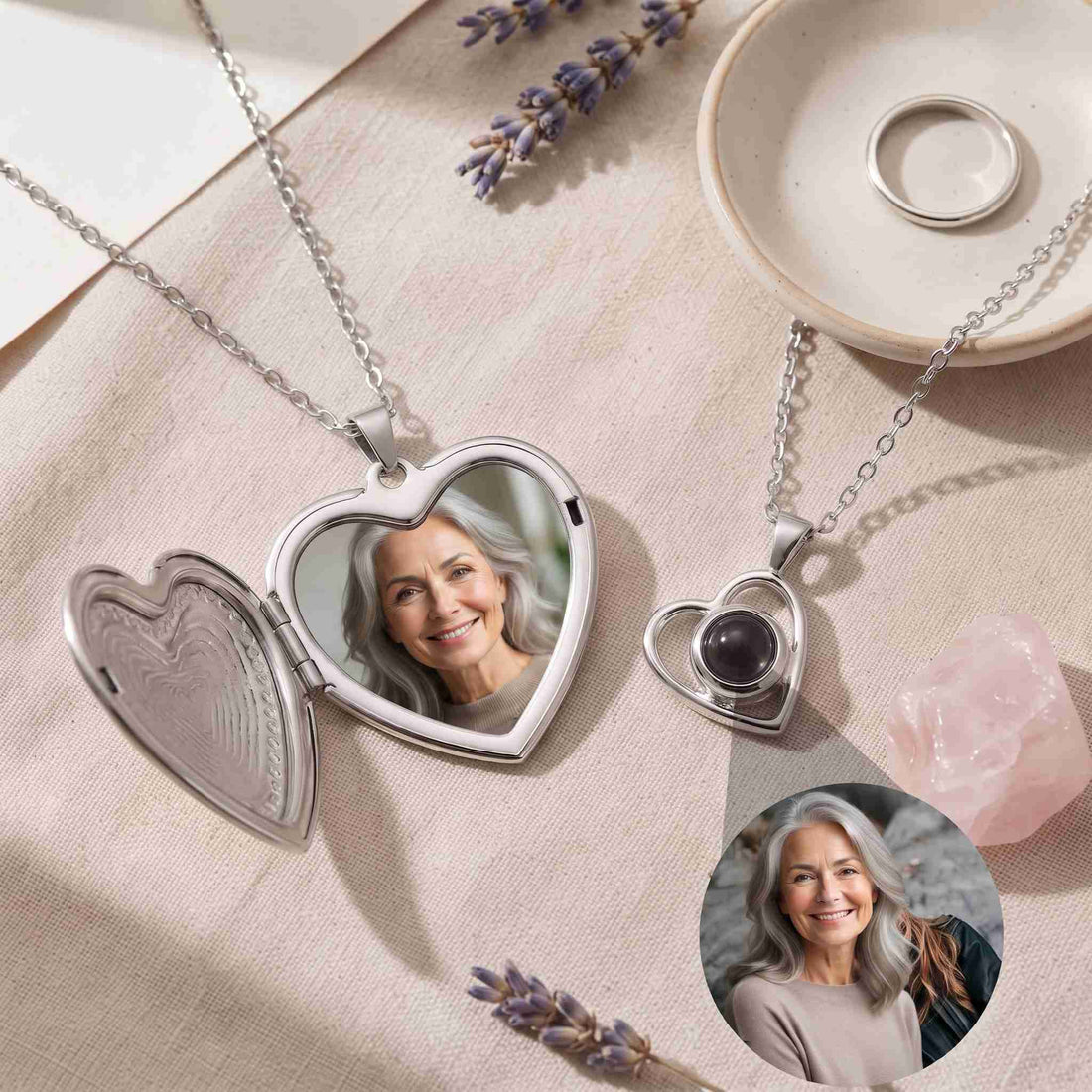 A projection pendant and an open photo locket with a small printed photo inside, side by side on a flaxen surface