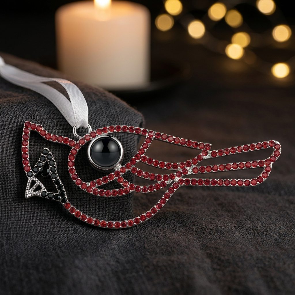 A cardinal-shaped photo keepsake ornament with a deep black lens, hanging from a white ribbon in warm candlelight on dark linen