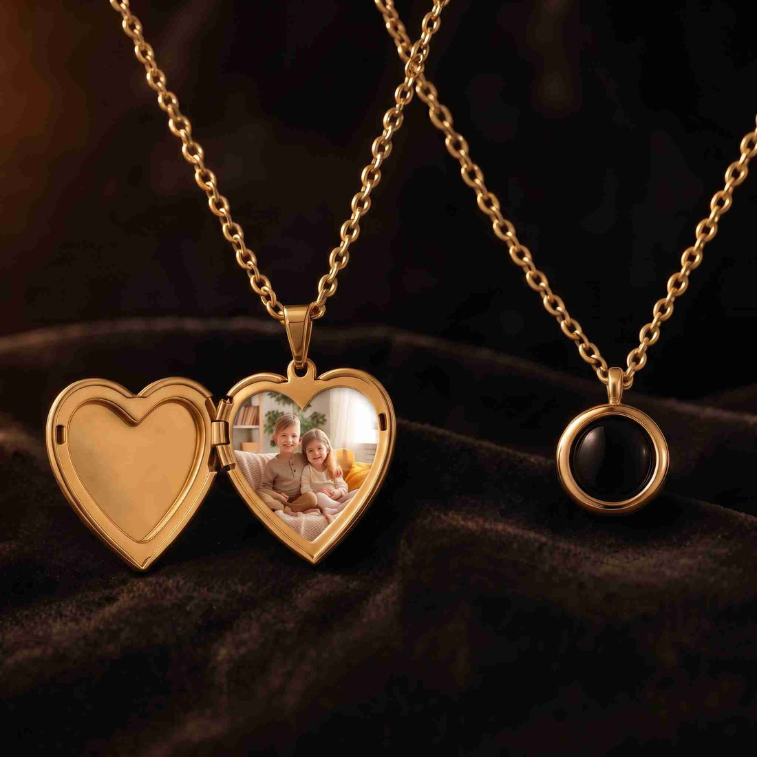 An open heart photo locket holding a printed photo of a brother and sister beside a round projection pendant with a deep black lens