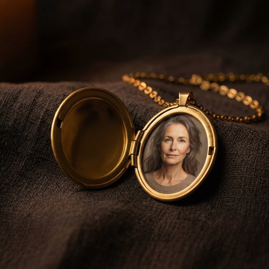 An open photo locket resting on dark fabric in warm candlelight, a small printed photo of a smiling woman fixed inside the hinged frame