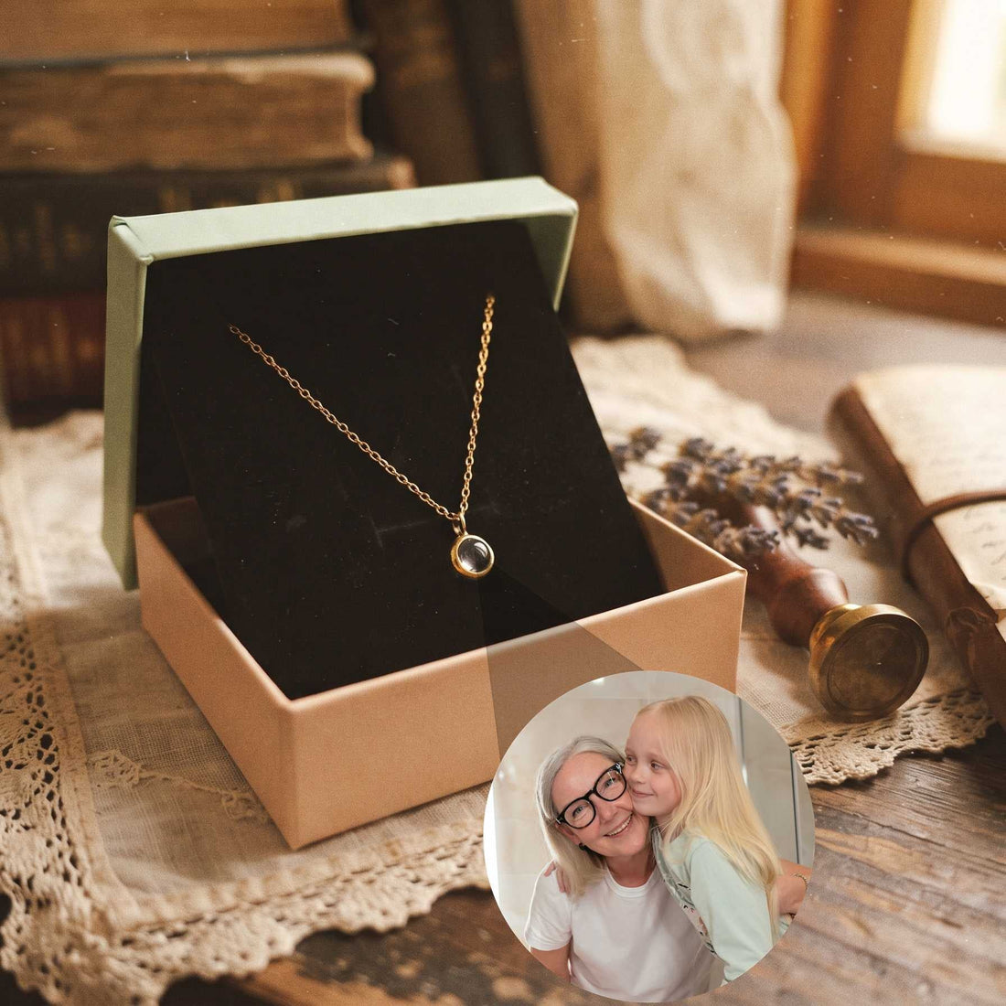 A golden projection necklace in a gift box with a family photo.