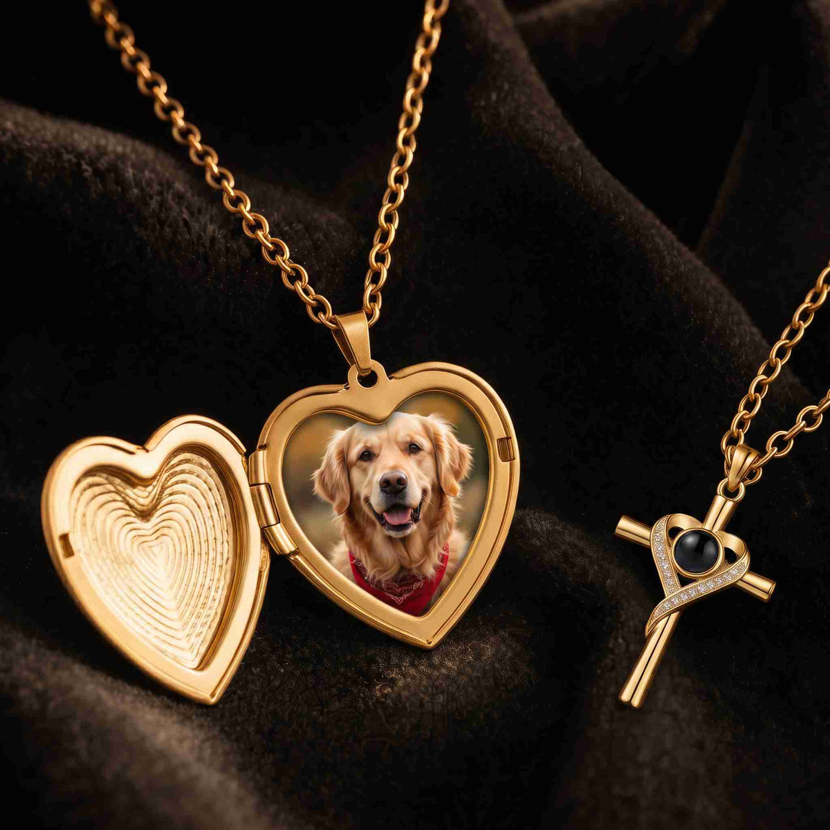 An open photo locket holding a printed photograph beside a photo projection pendant with a dark lens, both resting on dark velvet