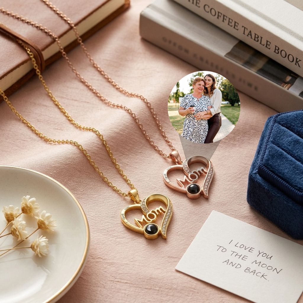 A heart photo projection pendant displayed on a warm fabric background, a Mother's Day keepsake gift
