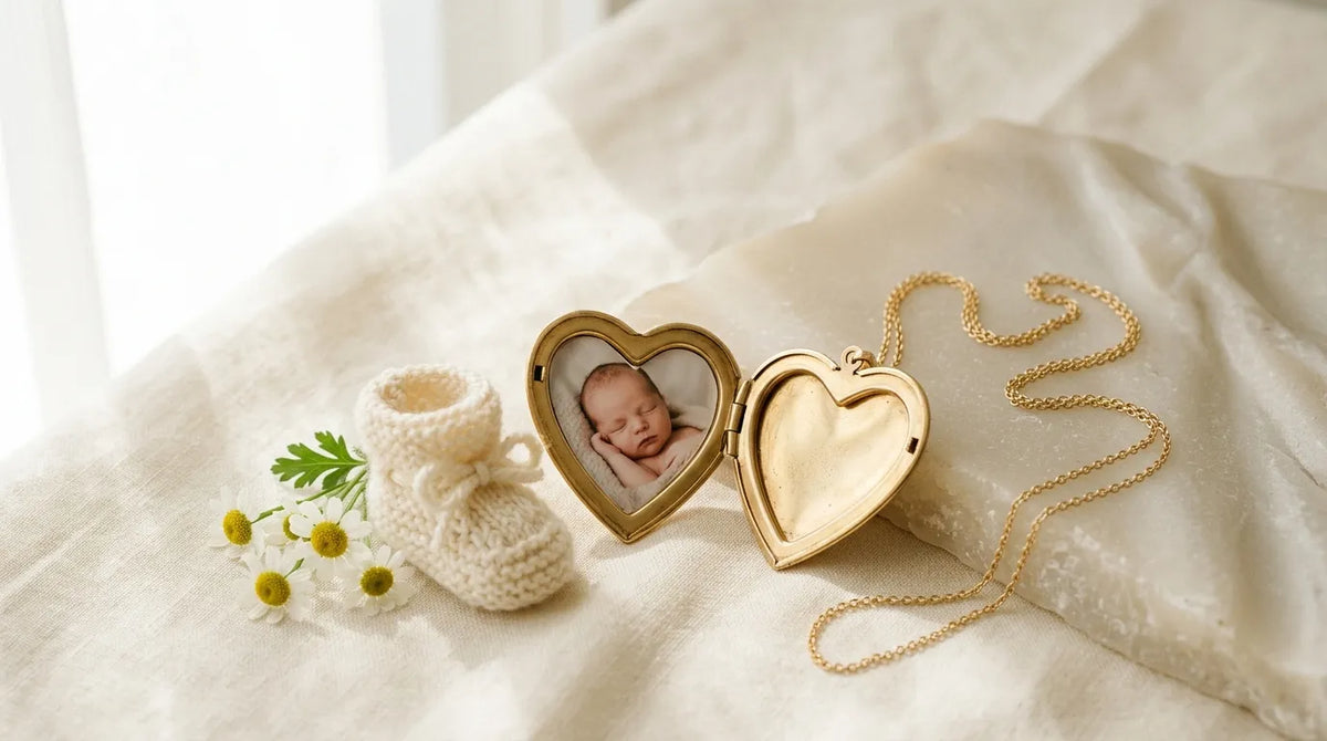 Open heart-shaped photo locket with a printed photo inside its hinged case, resting on cream linen beside a tiny knit baby bootie