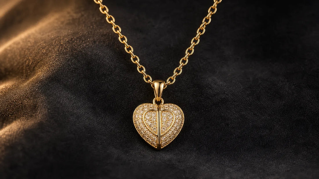 A closed, openable heart pendant necklace for mom on dark velvet in warm light, ready to open onto a smooth inner plate for a short engraving
