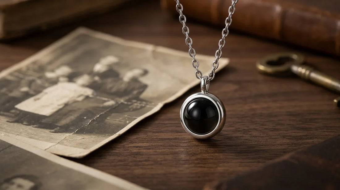 A creased vintage black-and-white photo print beside a round photo projection pendant on a walnut table