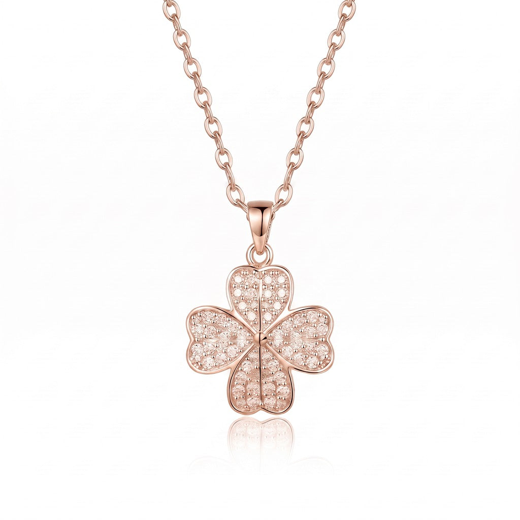 Confirm043Personalized Engravable Four-Leaf Clover Heart Necklace - Rose Gold