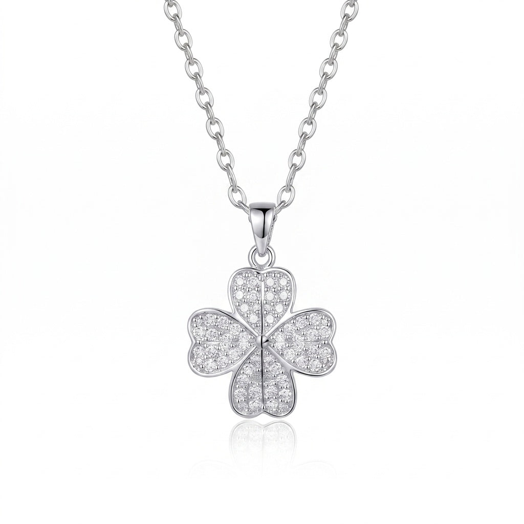Confirm043Personalized Engravable Four-Leaf Clover Heart Necklace - Silver