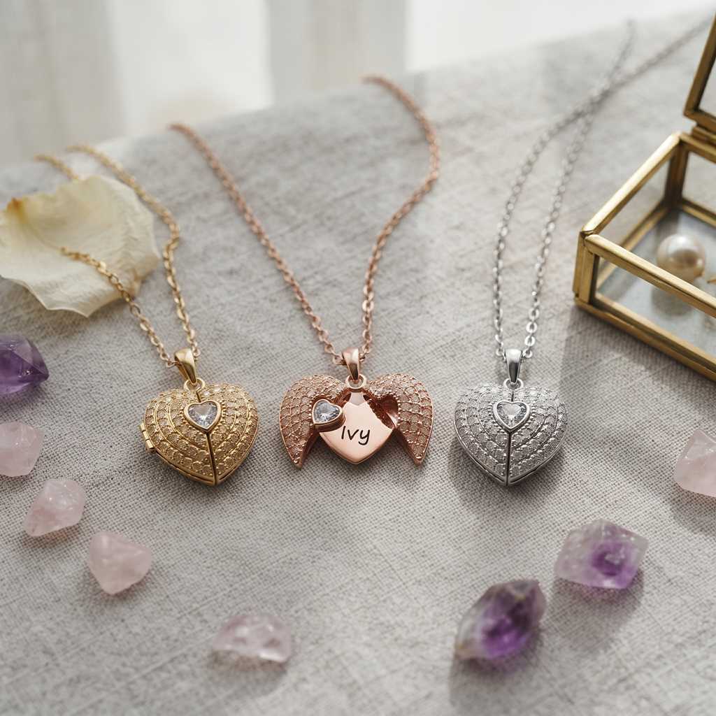 Personalized Engravable Folding Angel Wings Heart Necklace