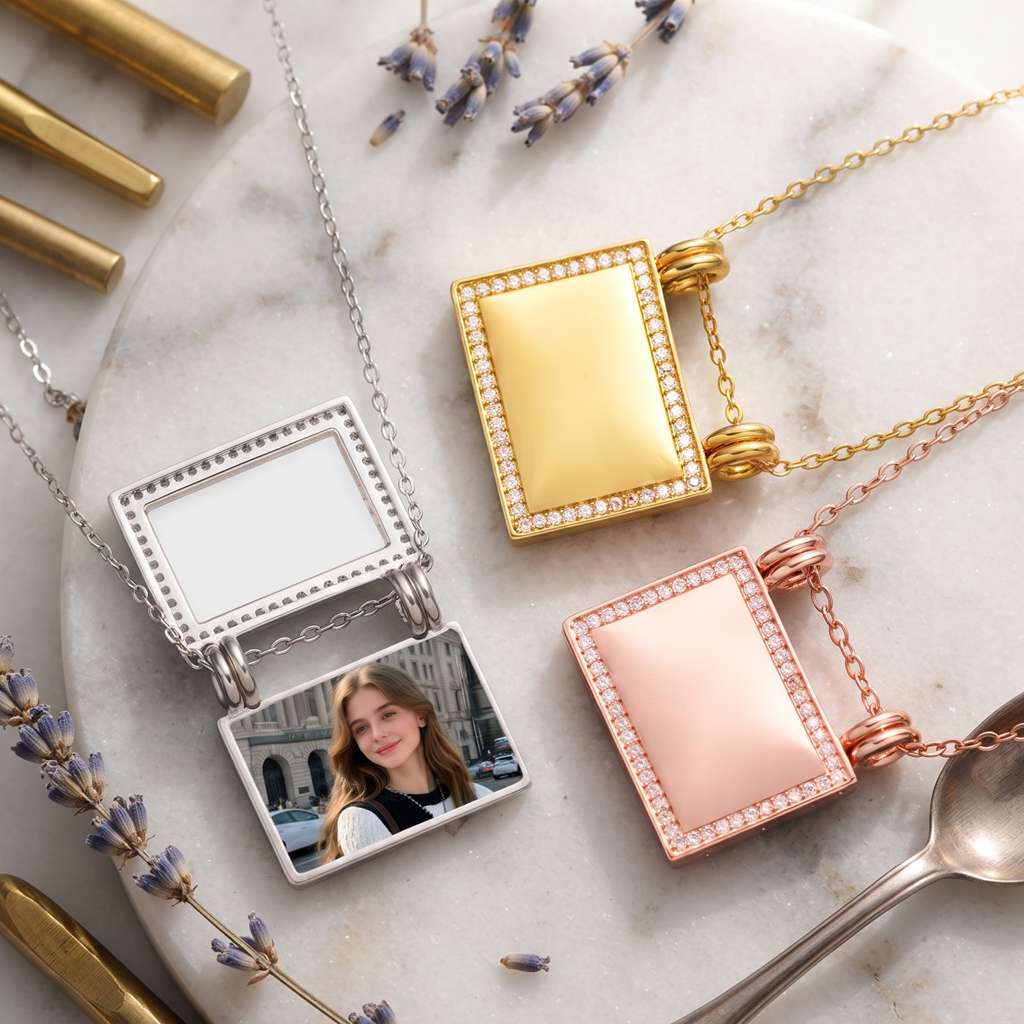 Personalized CZ Rectangle Photo Locket Necklace