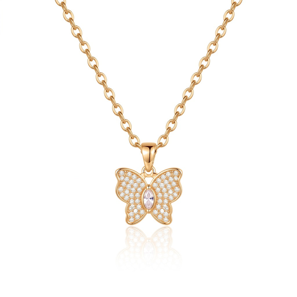 Gold Personalized Engravable CZ Pave Butterfly Necklace