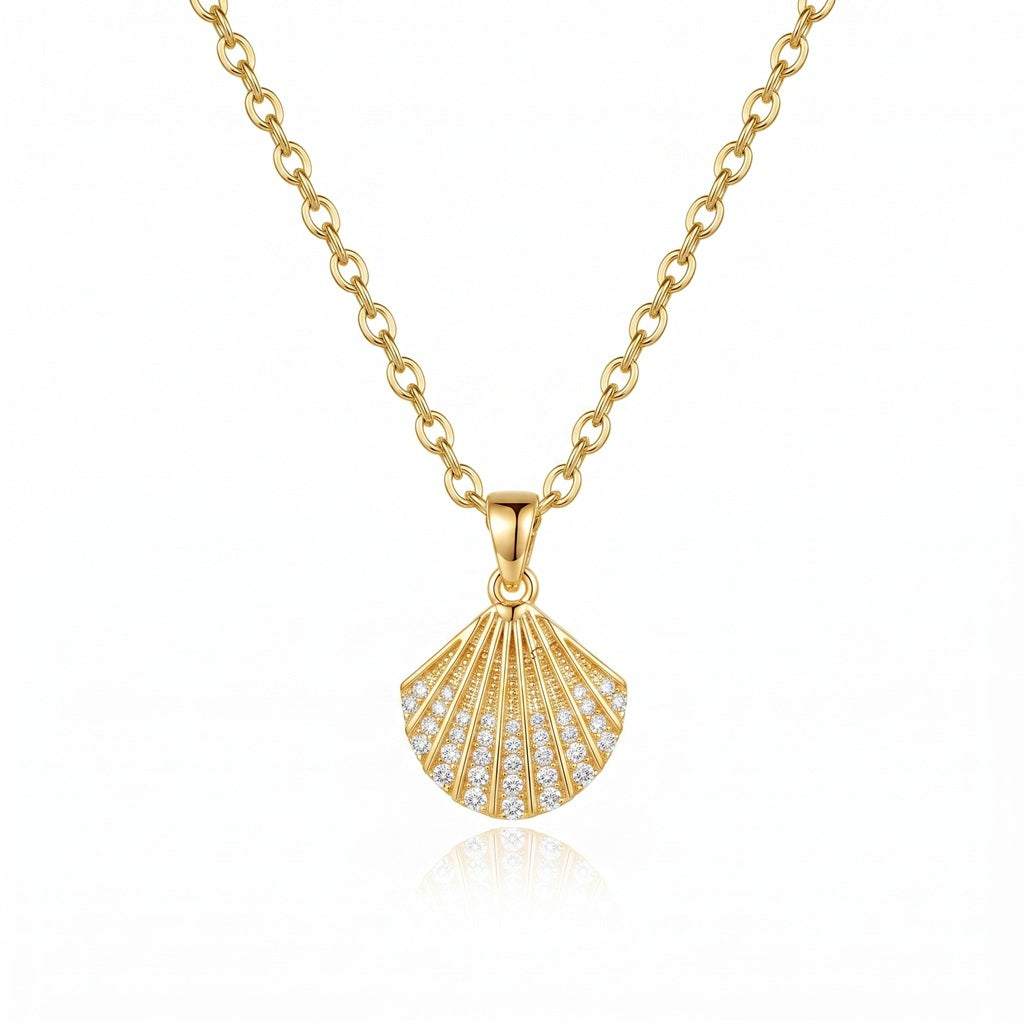 Gold Personalized Engravable Shell Necklace with Zirconia