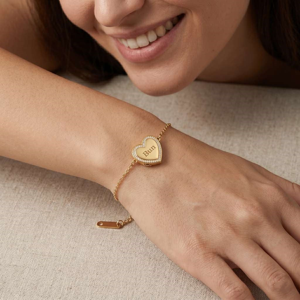 Personalized Crystal Heart Photo Locket Bracelet - Gold1