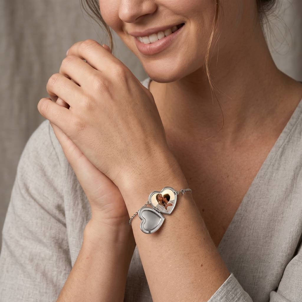 Personalized Crystal Heart Photo Locket Bracelet - Silver