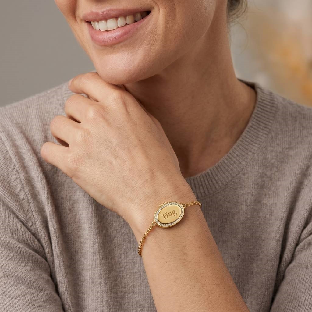 Personalized Crystal Oval Photo Locket Bracelet - Gold2