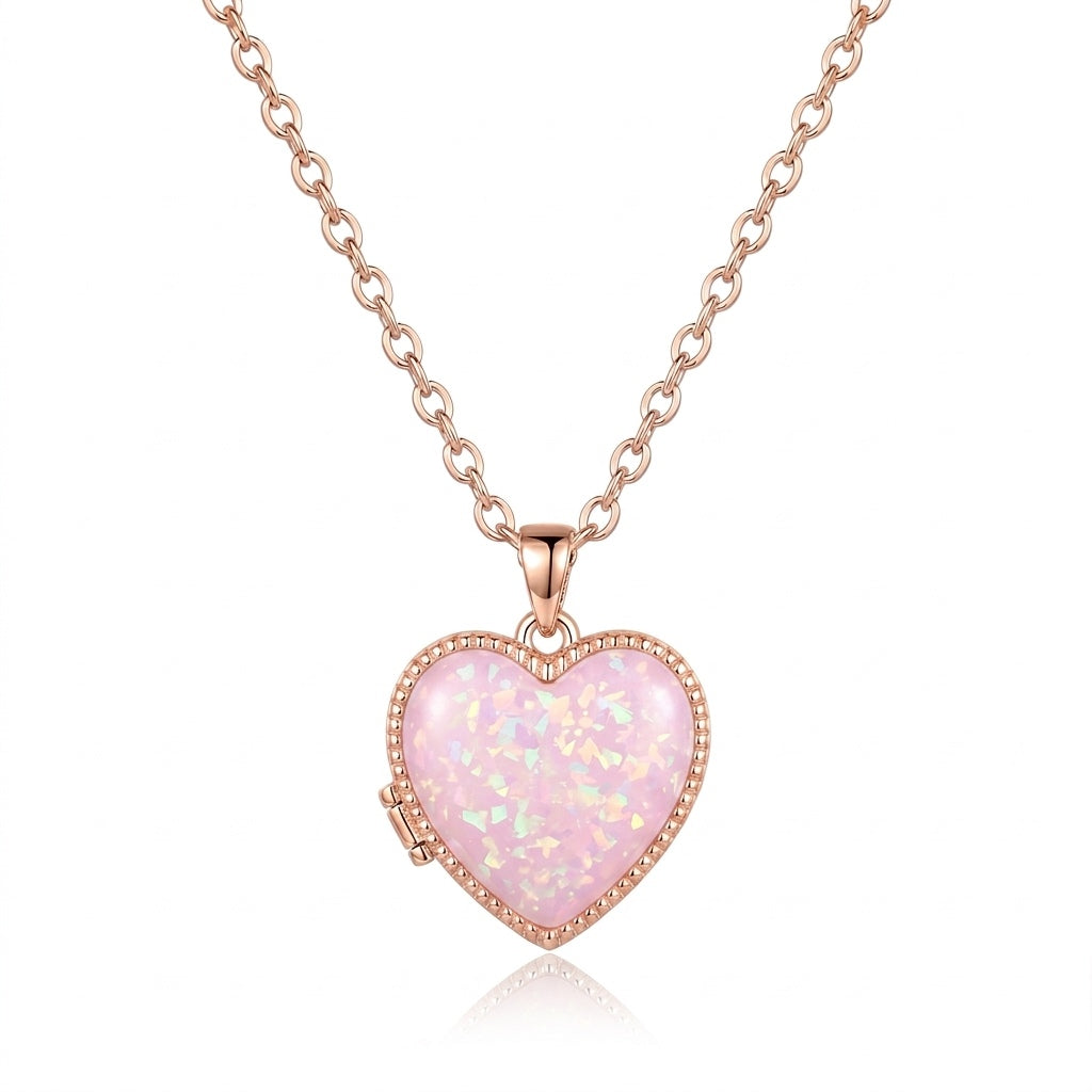 Personalized Opal Heart Photo Locket Necklace