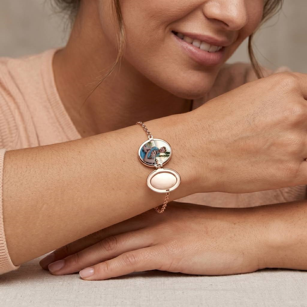 Personalized Crystal Oval Photo Locket Bracelet - Rose Gold