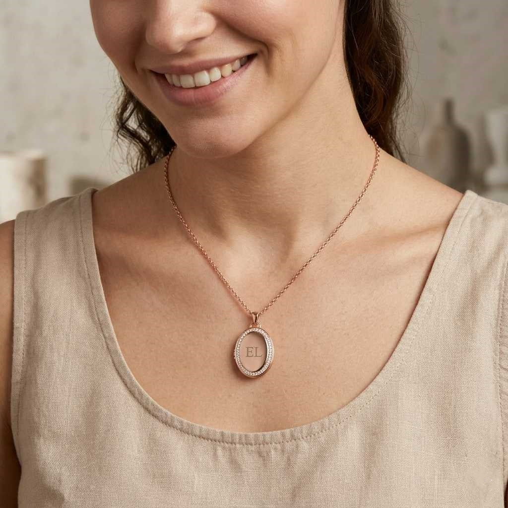 Personalized Crystal Oval Photo Locket Necklace - Rose Gold1