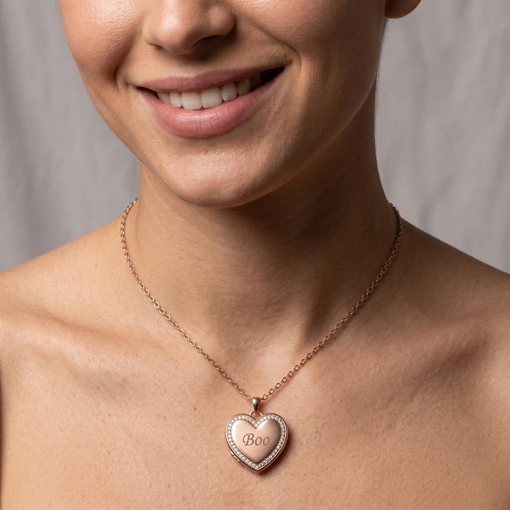 Personalized Crystal Heart Photo Locket Necklace - Rose Gold1