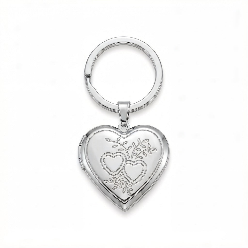 Personalized Double Heart Photo Locket Keychain - Silver