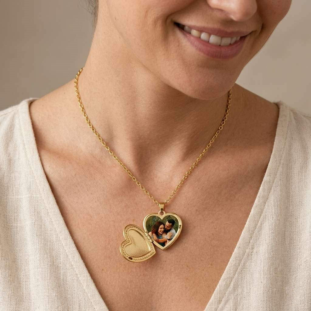 Personalized Crystal Heart Photo Locket Necklace - Gold2