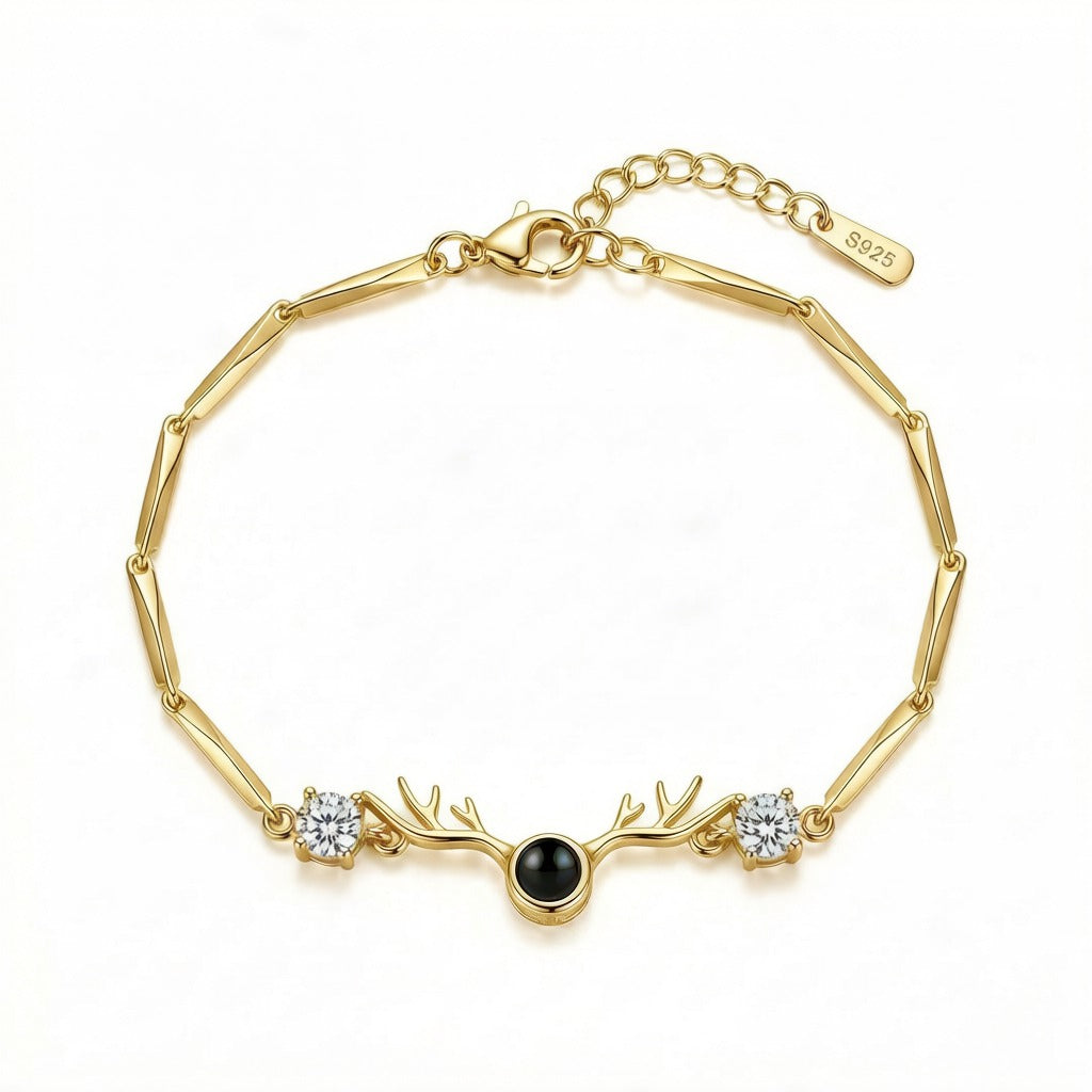 Personalized Antler Motif Photo Projection Bracelet - Gold