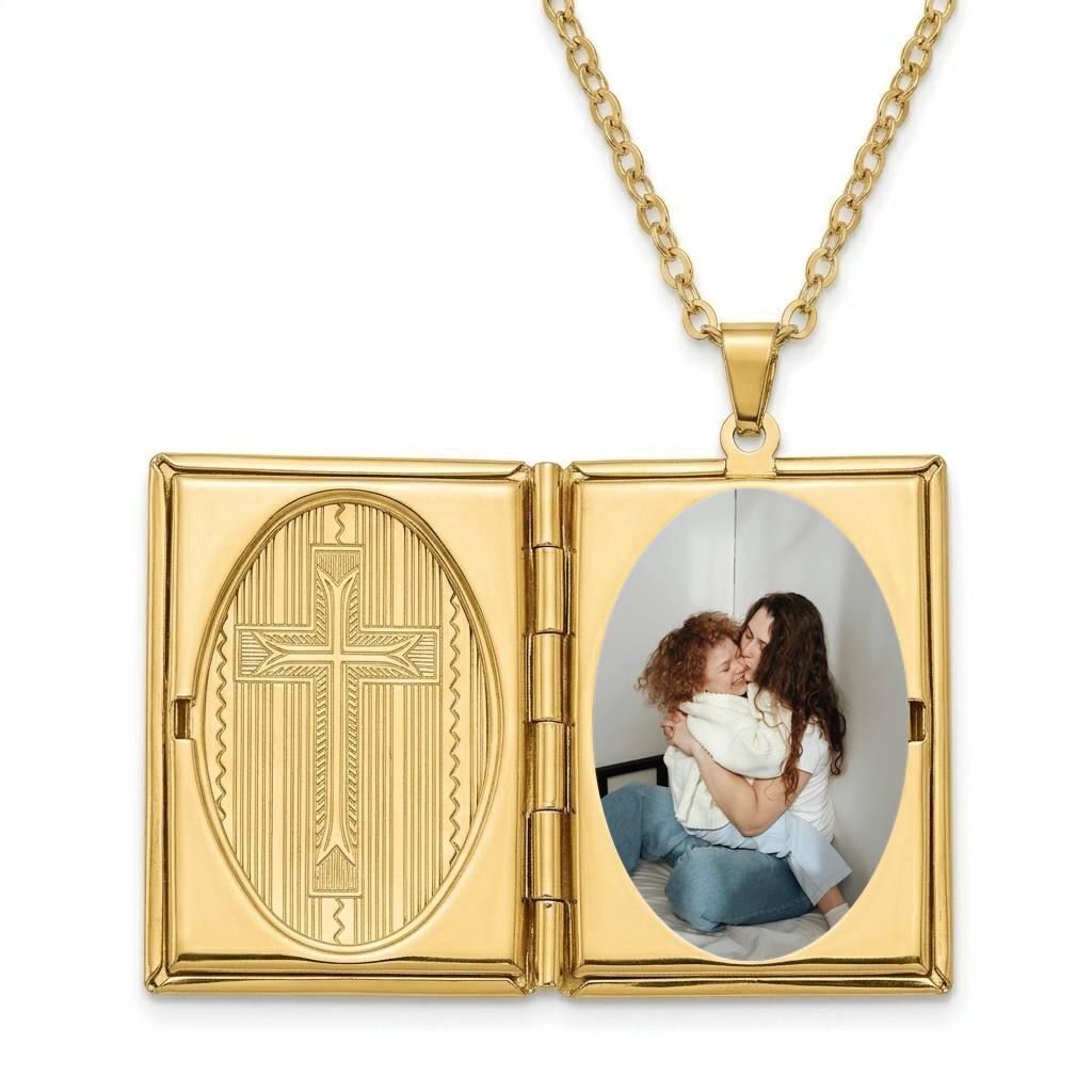 Personalized Cross Photo Locket Necklace - Gold1