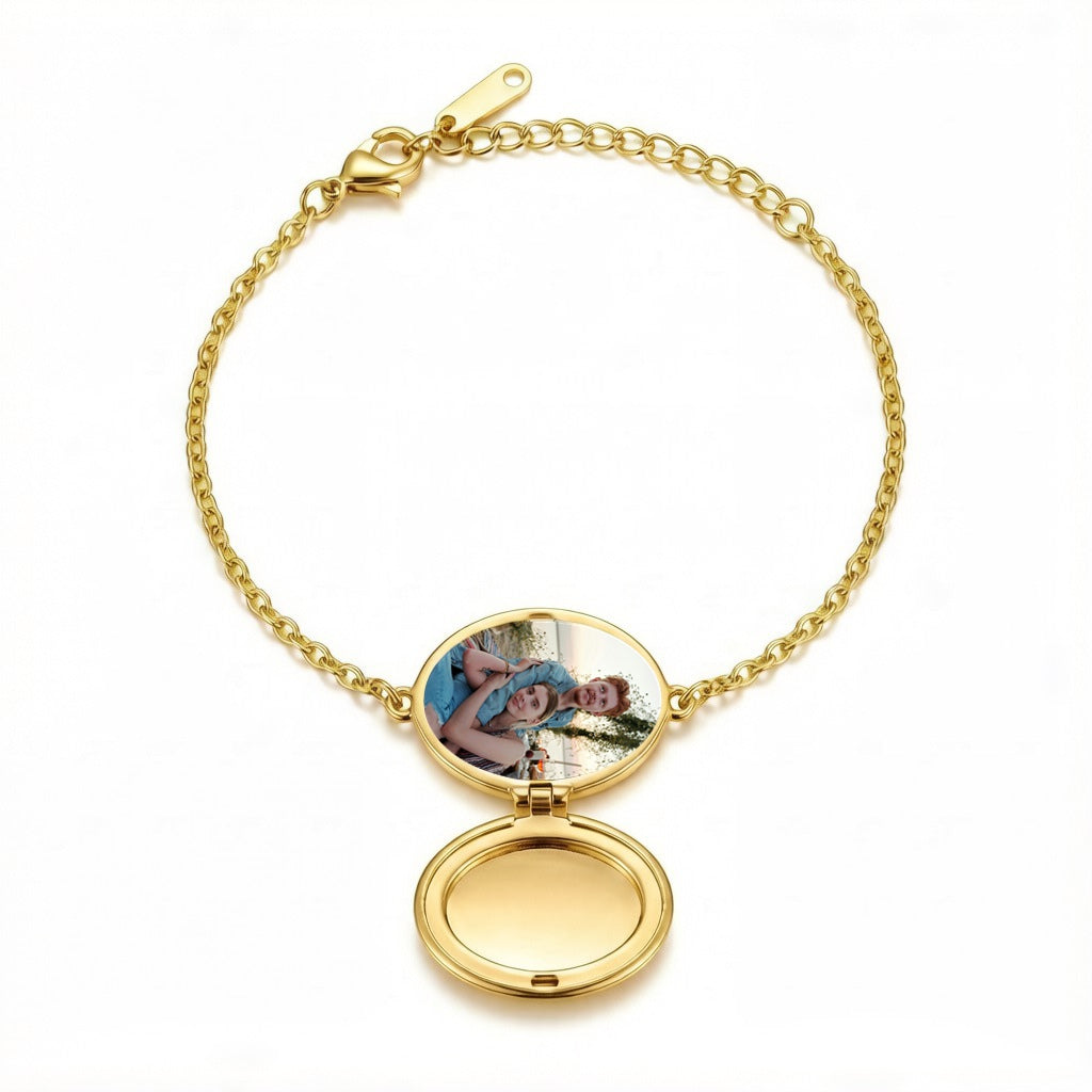 Personalized Crystal Oval Photo Locket Bracelet - Gold1