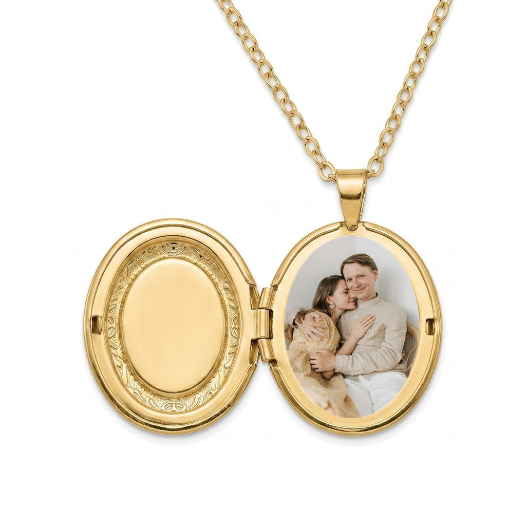 Personalized Oval Floral Photo Locket Necklace - Gold1