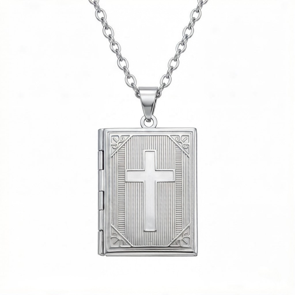 Personalized Cross Photo Locket Necklace - Silver