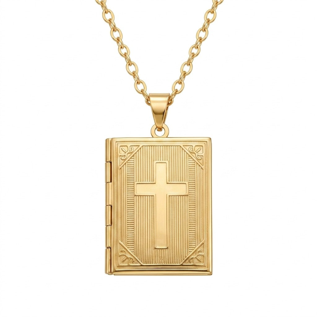 Personalized Cross Photo Locket Necklace - Gold