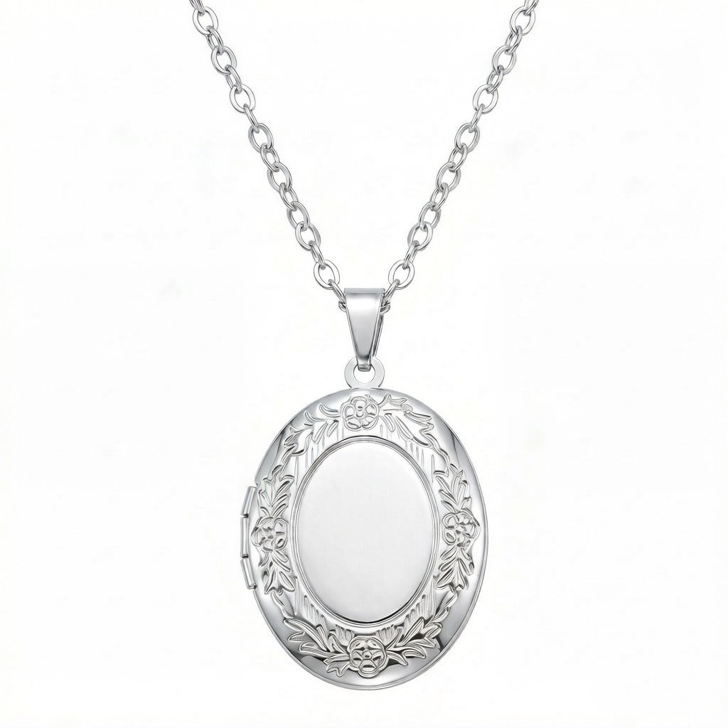 Personalized Oval Floral Photo Locket Necklace - Silver