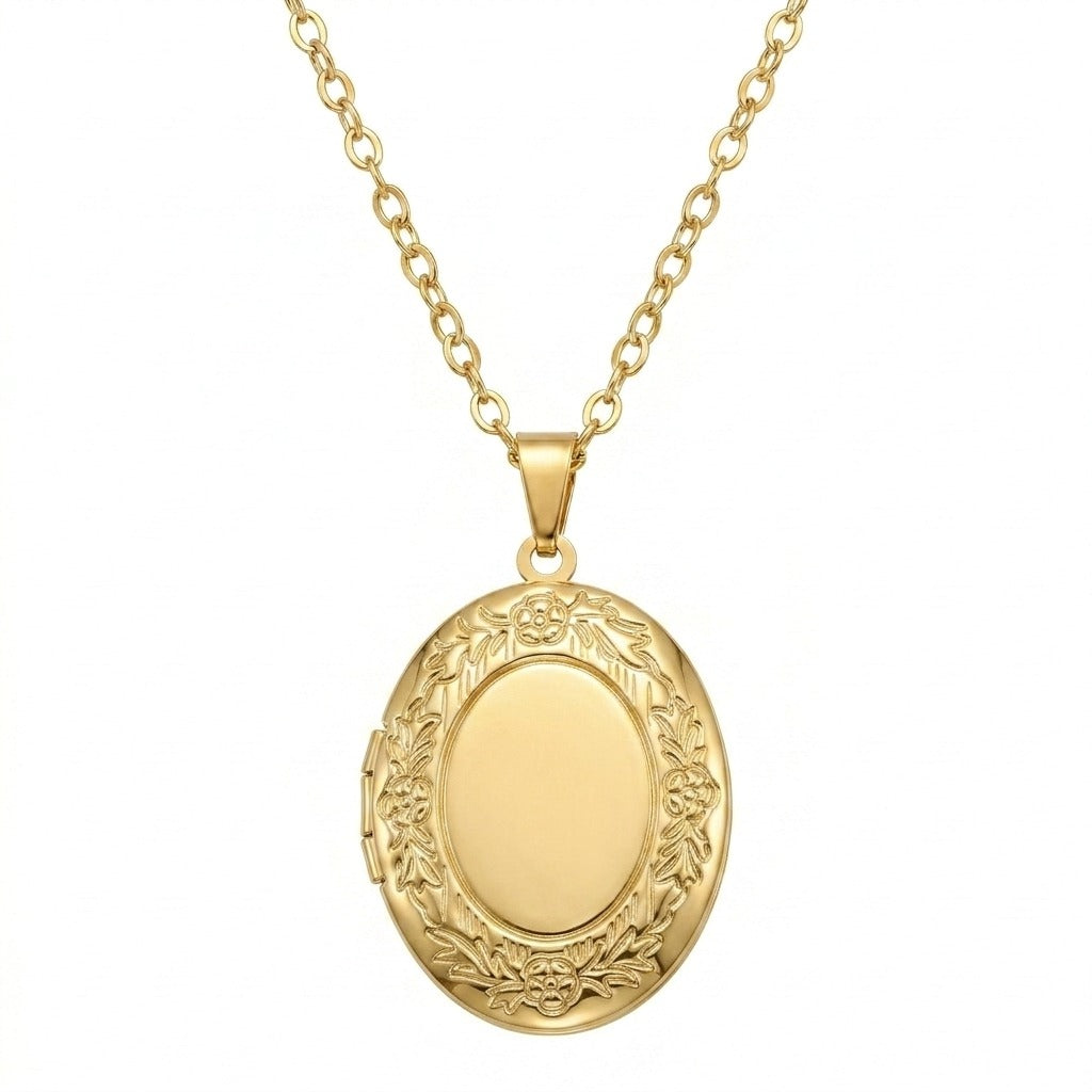 Personalized Oval Floral Photo Locket Necklace - Gold