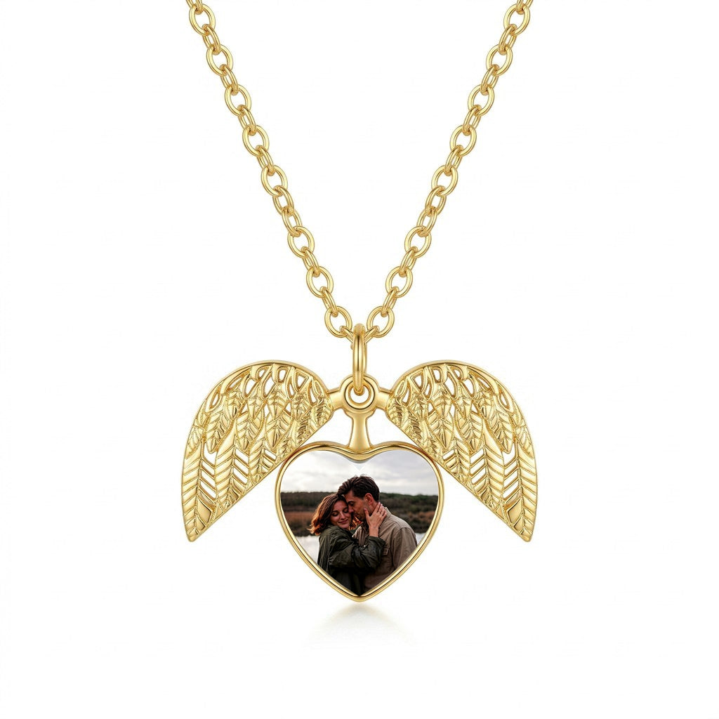 Personalized Wing Heart Photo Locket Necklace - Gold1