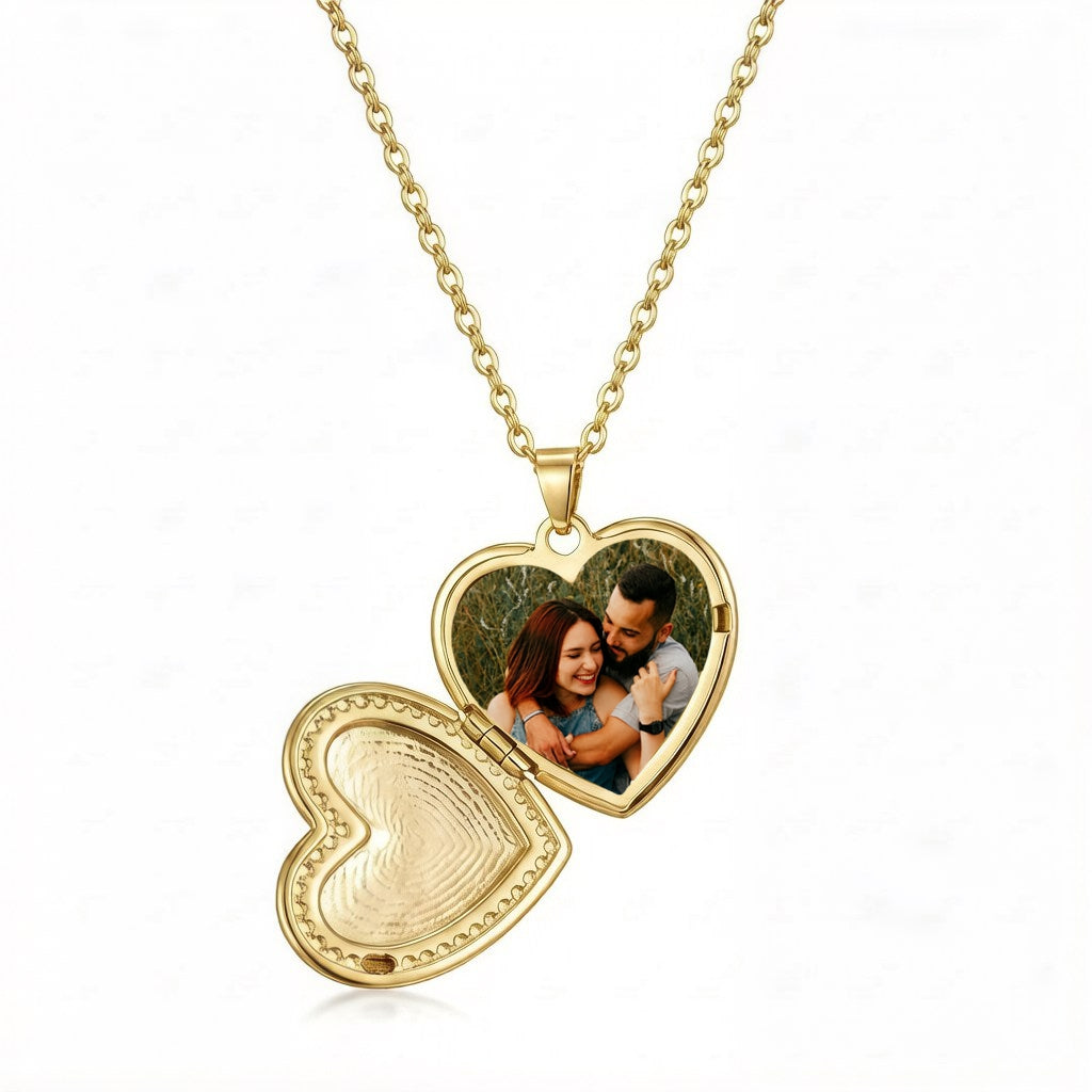 Personalized Crystal Heart Photo Locket Necklace - Gold1