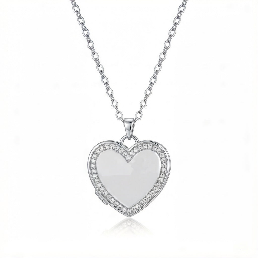 Personalized Crystal Heart Photo Locket Necklace - Silver