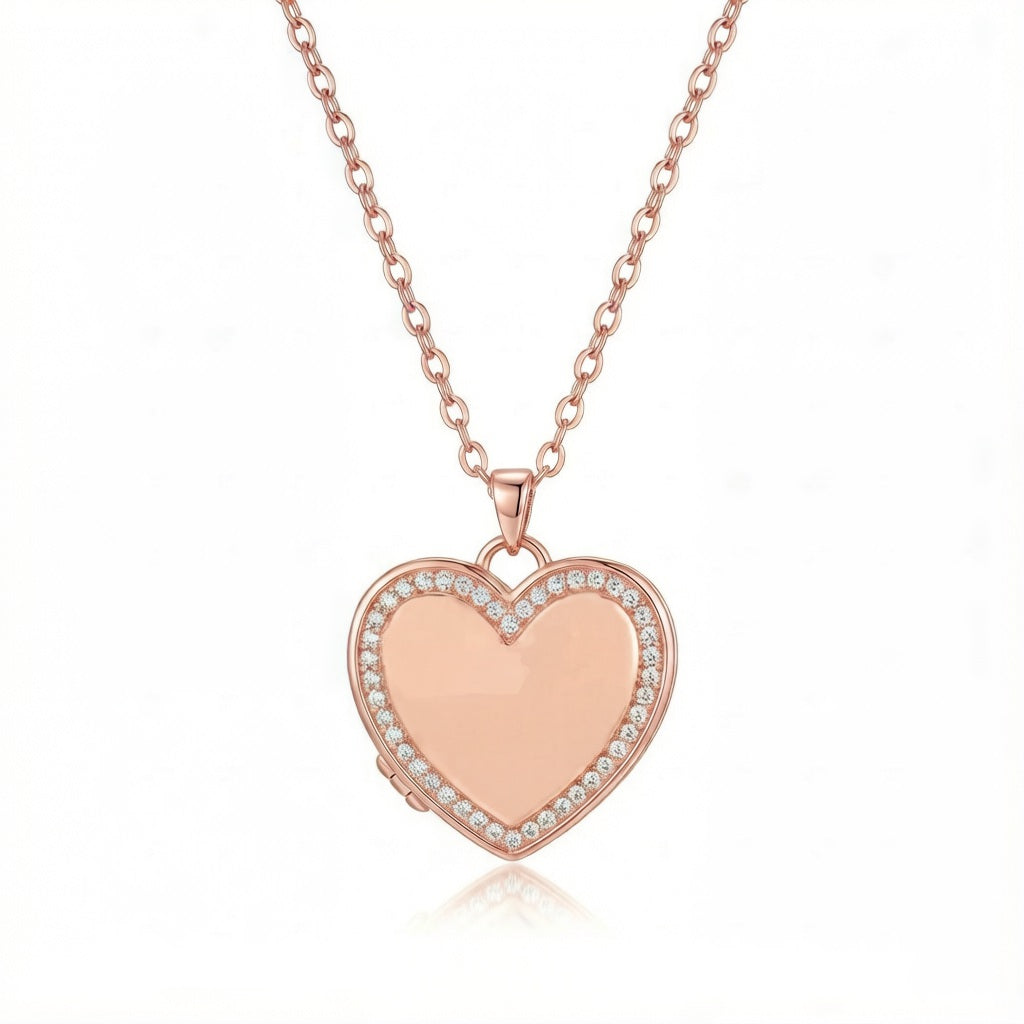 Personalized Crystal Heart Photo Locket Necklace - Rose Gold