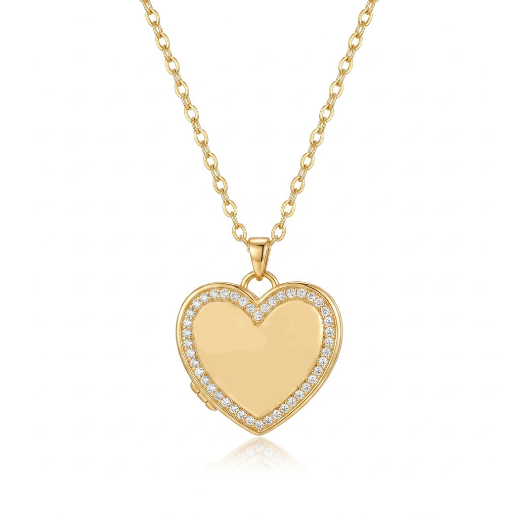 Personalized Crystal Heart Photo Locket Necklace - Gold