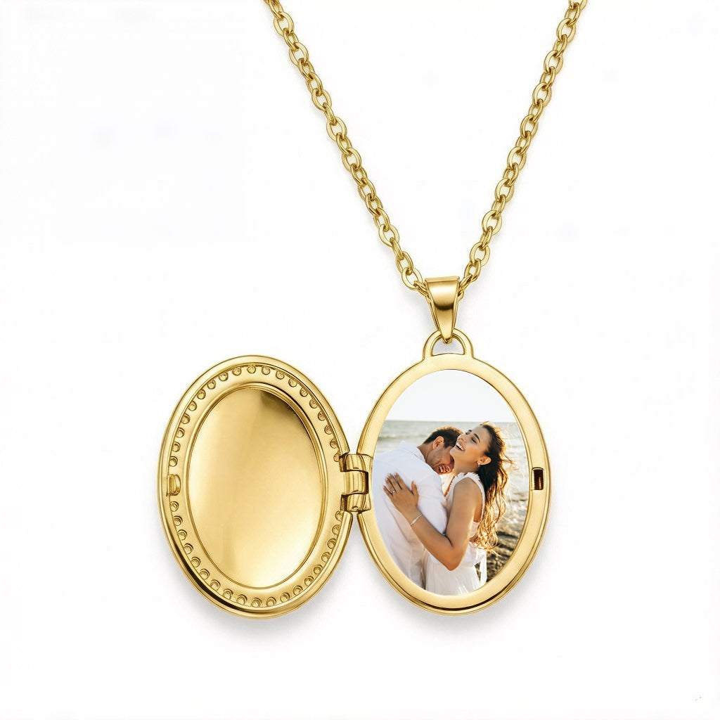 Personalized Crystal Oval Photo Locket Necklace - Gold1