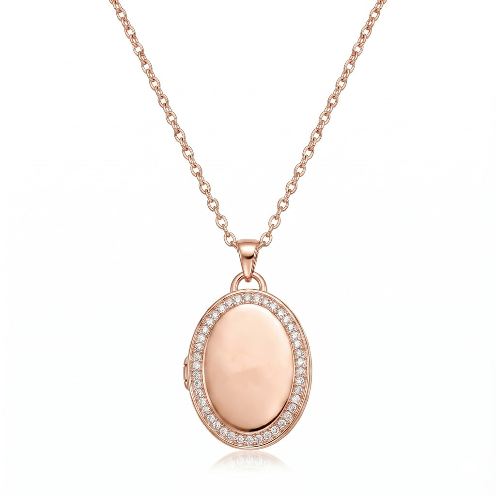 Personalized Crystal Oval Photo Locket Necklace - Rose Gold