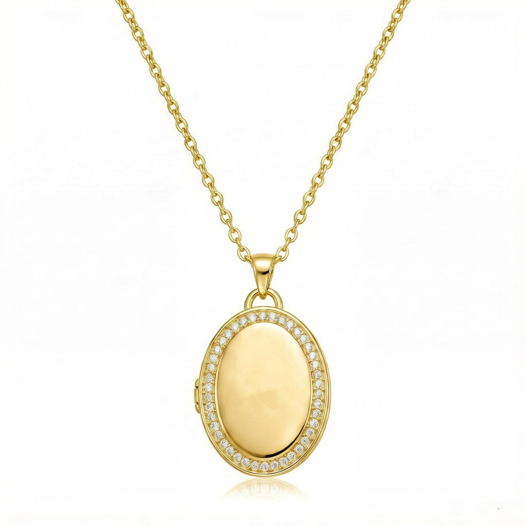 Personalized Crystal Oval Photo Locket Necklace - Gold