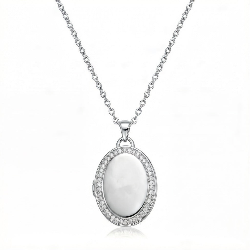 Personalized Crystal Oval Photo Locket Necklace - Silver
