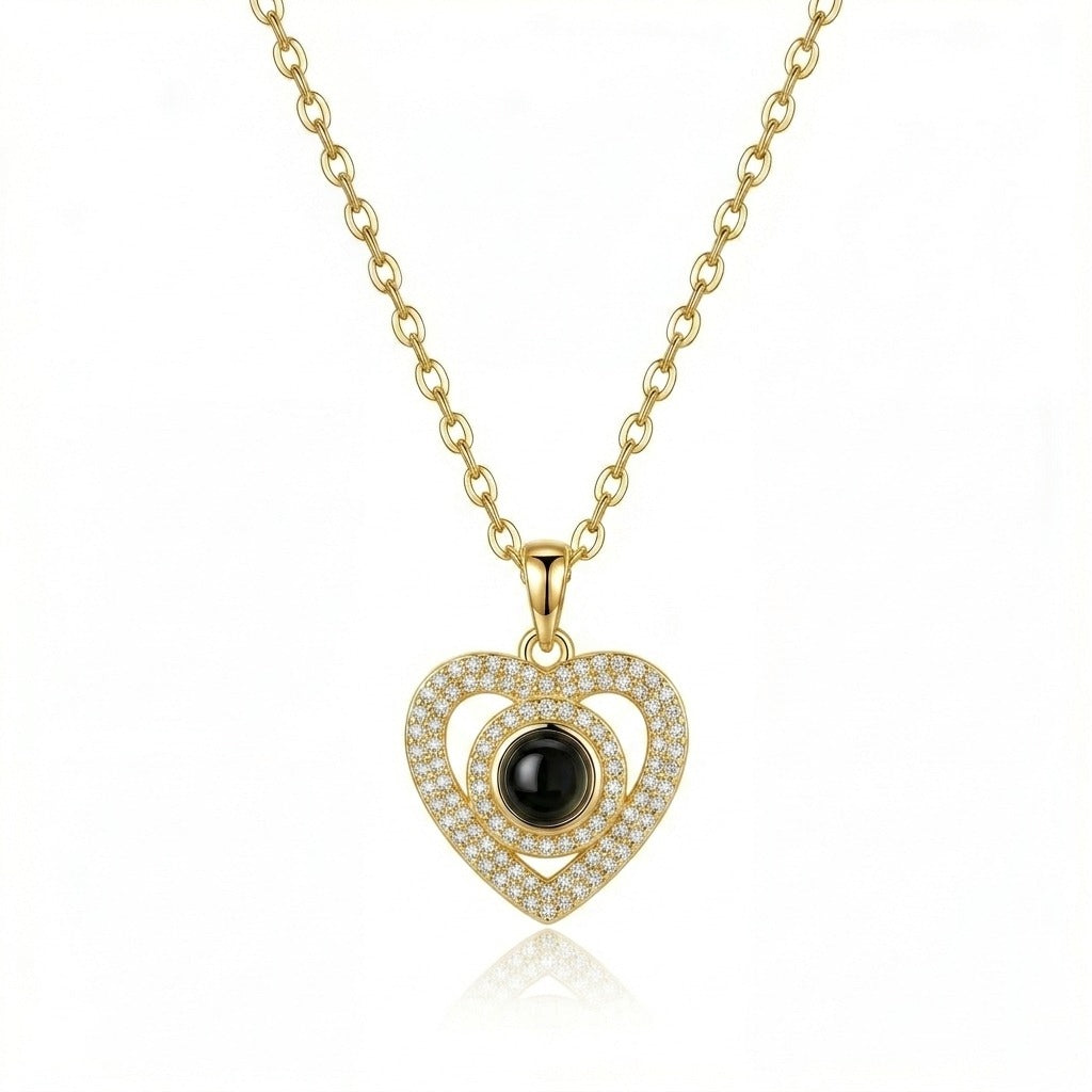 Personalized Pave Heart Photo Projection Necklace - Gold