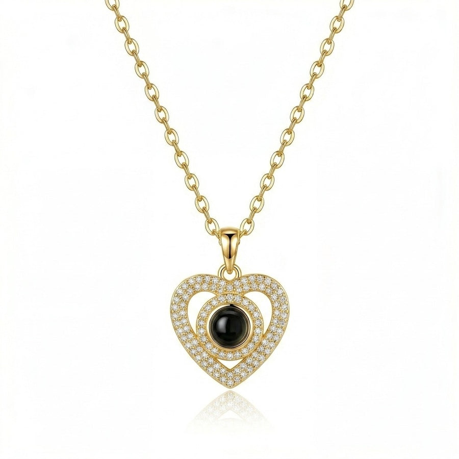 Personalized Pave Heart Photo Projection Necklace - Gold