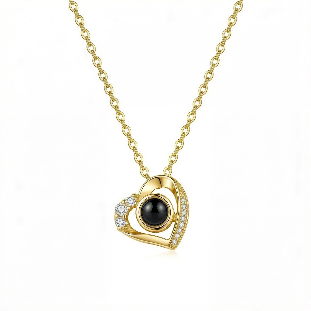 Personalized Crystal Heart Photo Projection Necklace - Gold