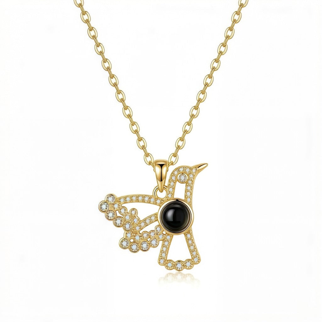 Personalized Hummingbird Photo Projection Necklace - Gold