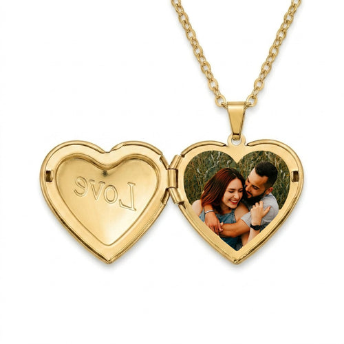 Personalized "Love" Engraved Heart Photo Locket Necklace - Gold1