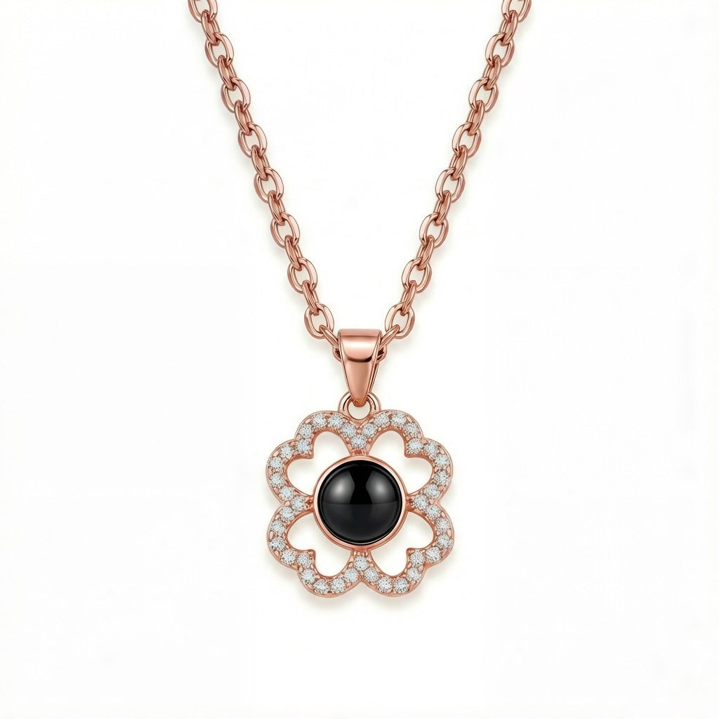 Personalized Four-Leaf Clover Photo Projection Necklace - Rose Gold