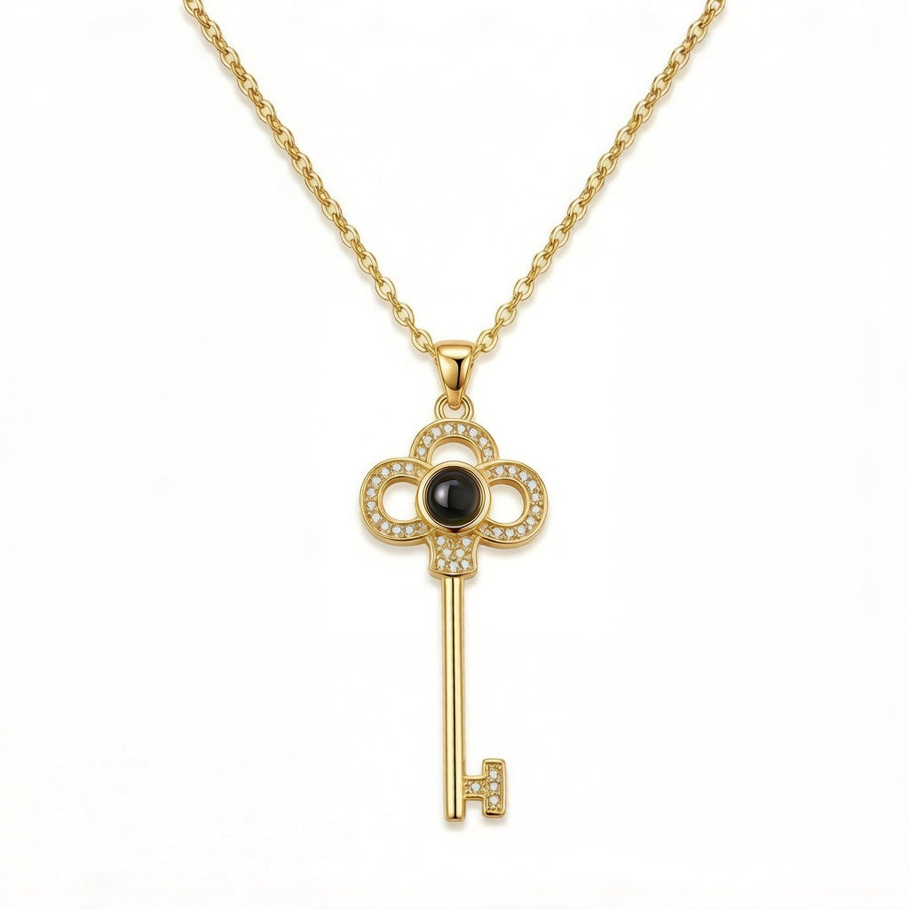 Personalized Key Pendant Photo Projection Necklace - Gold