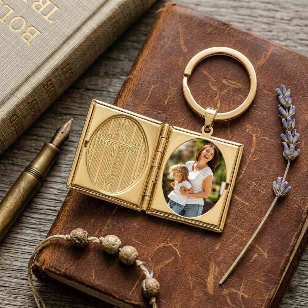 Personalized Cross Photo Locket Keychain
